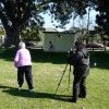 Margaret Slowgrove bowling Vigoro ball to daughter Karen Maber at childhood park, Booralee Park, Botany